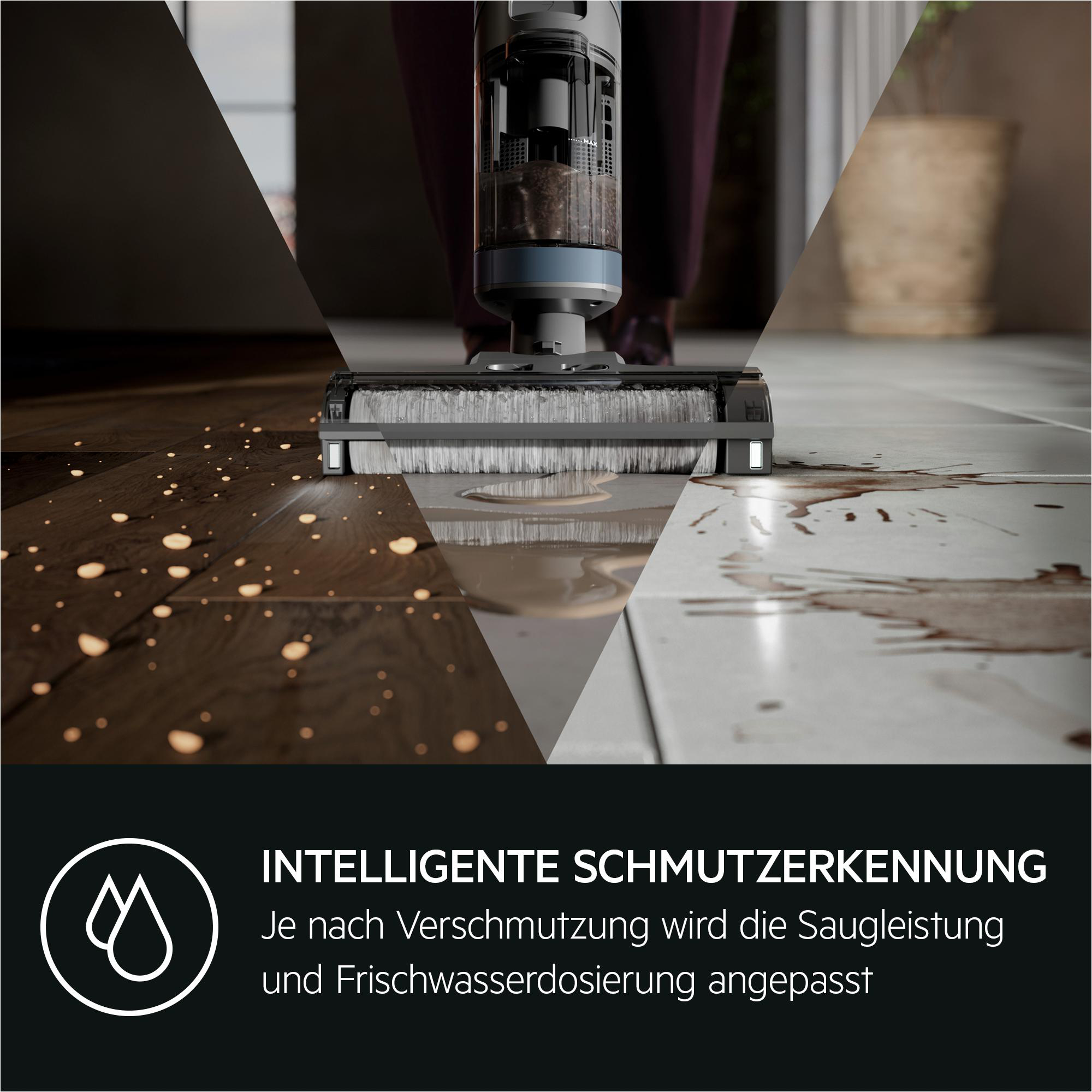 Ein Boden, der von einem Staubsauger gereinigt wird, mit drei verschiedenen schmutzigen Stellen.