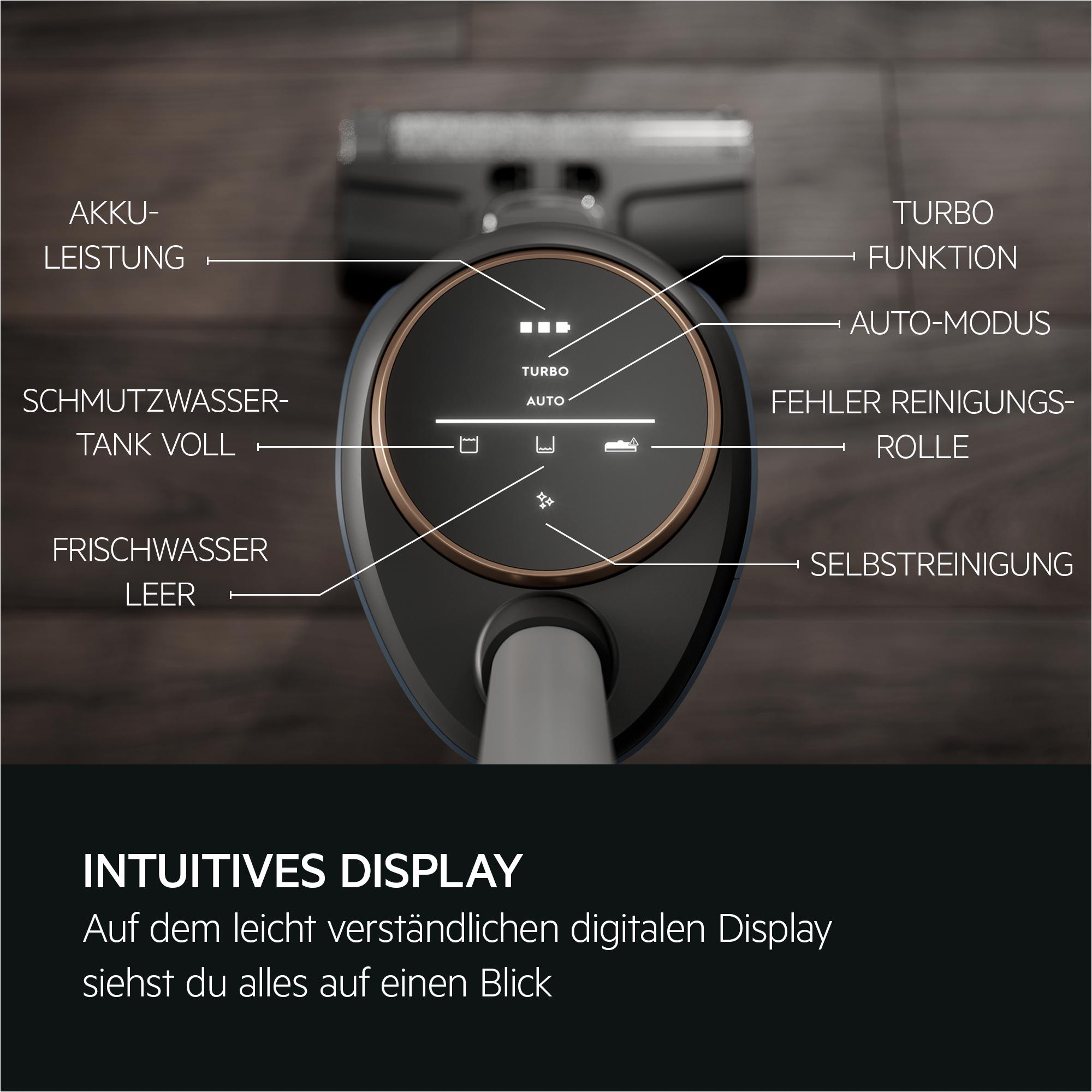 Staubsauger-Display mit Beschriftungen: Akku, Turbo, Wasser und mehr.