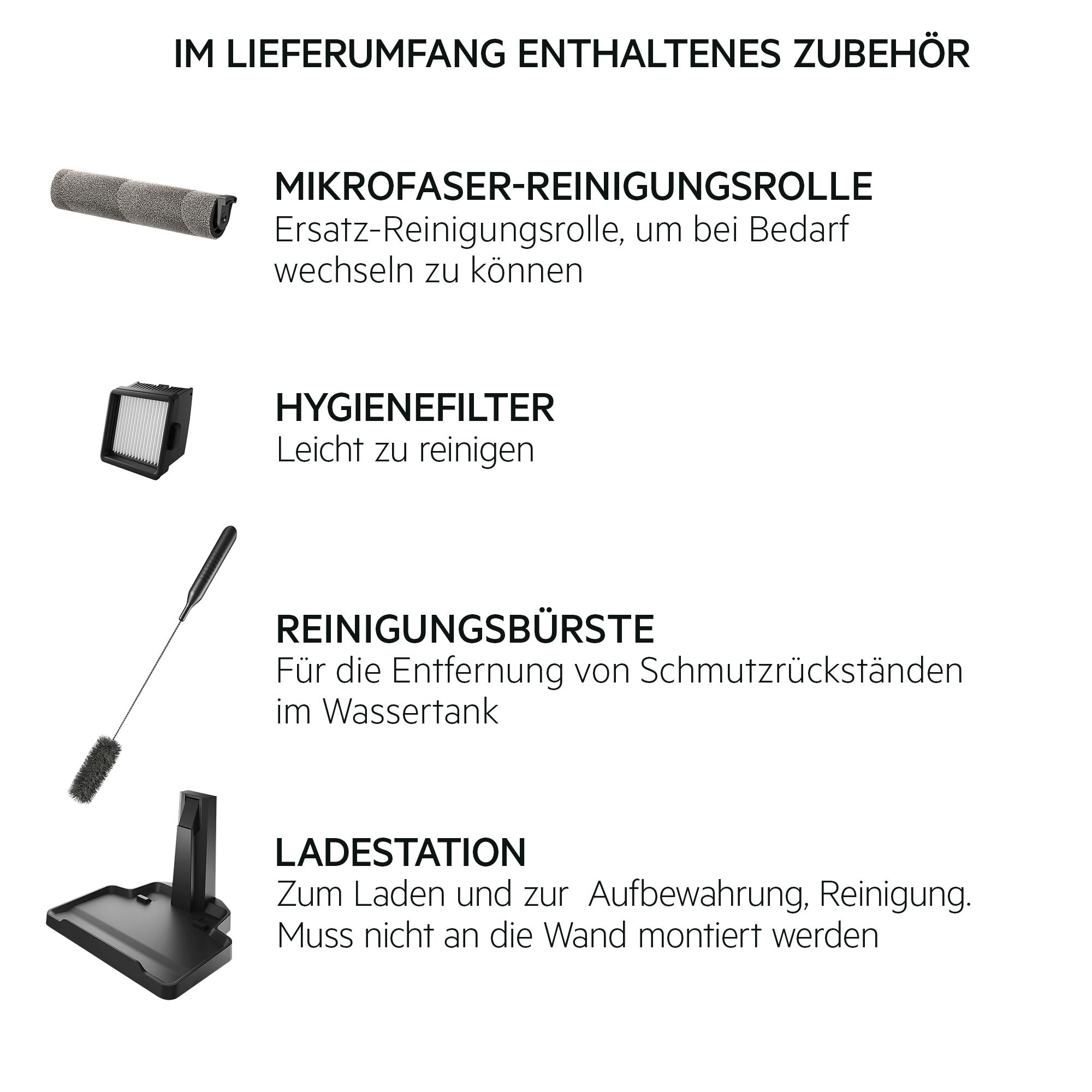 Zubehör für eine Reinigungsmaschine: Mikrofaserwalze, Hygienefilter, Bürste und Ladestation.