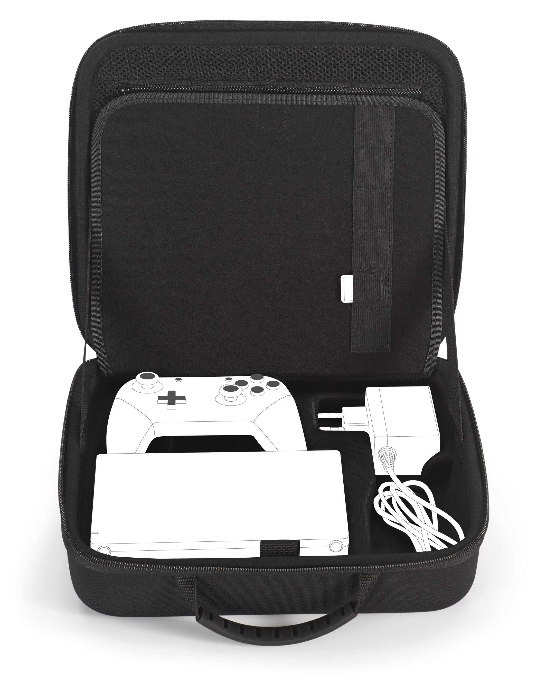 Otwarta czarna walizka, pokazująca konsolę do gier, kontroler i ładowarkę. Wszystkie elementy są białe.