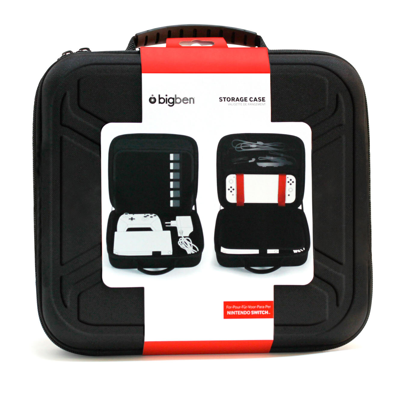 Czarne etui do przechowywania Nintendo Switch. Otwarte, pokazuje konsolę i akcesoria. Czerwona etykieta na górze.