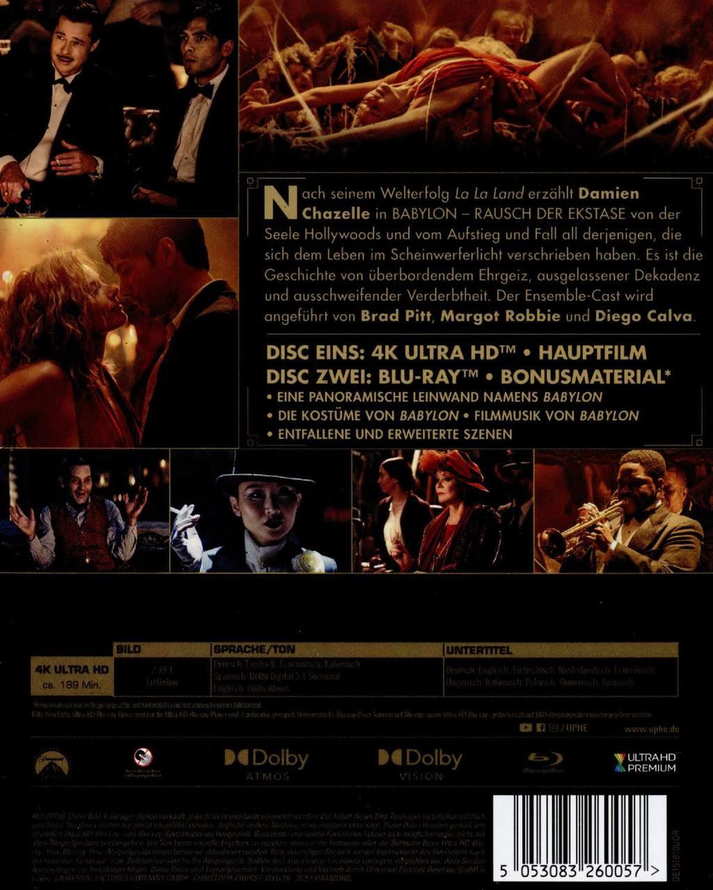 Filmposter für Babylon. Es zeigt mehrere Schauspieler und Szenen. Der Hintergrund ist dunkel mit einem roten Farbton.