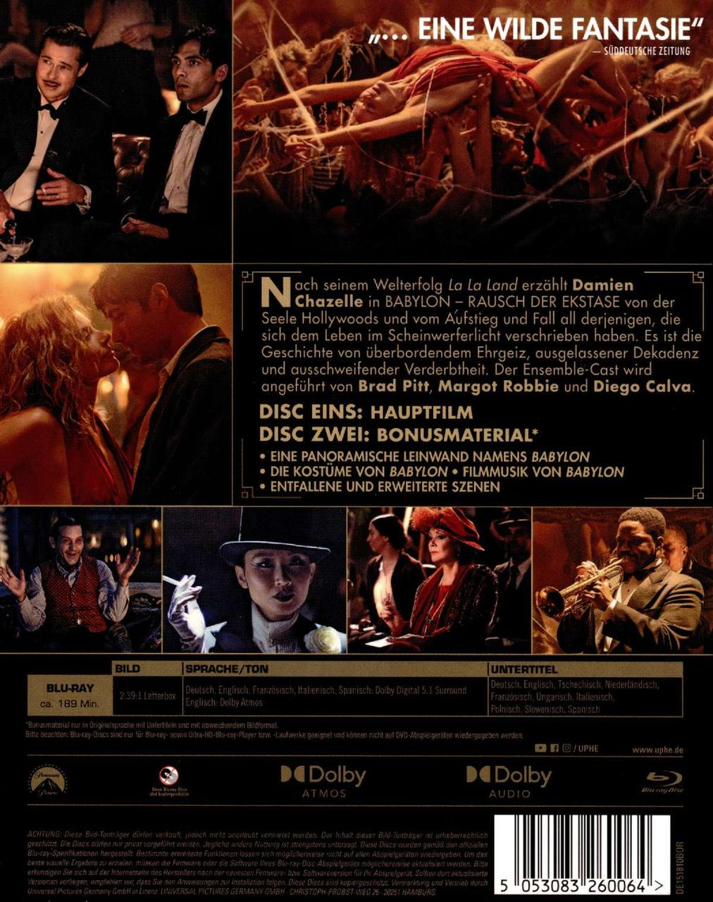 Filmposter für Babylon. Es zeigt mehrere Schauspieler und Szenen. Der Hintergrund ist dunkel mit einem roten Farbton.