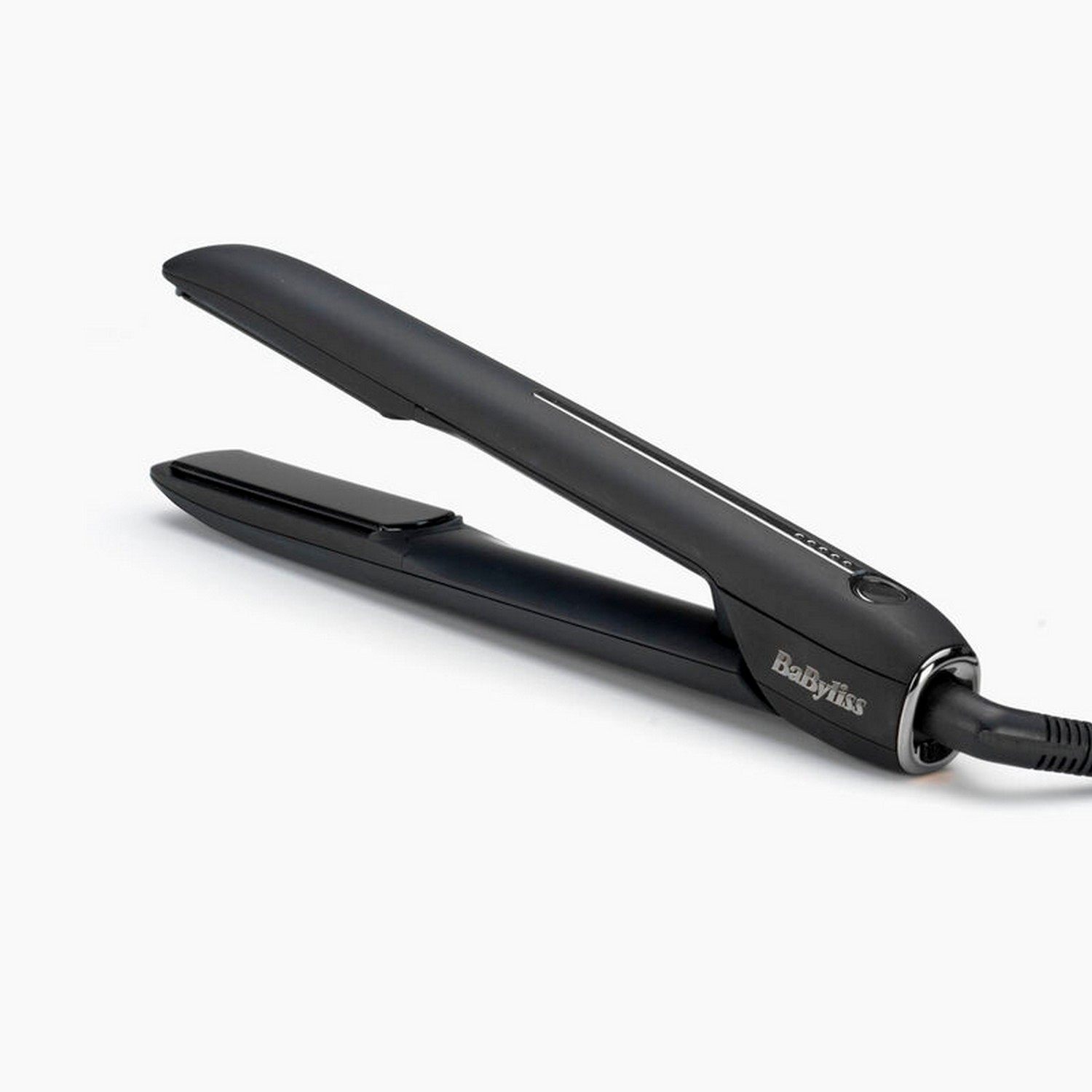 Black hair straightener, open. The device is positioned on a white surface, with the brand name visible.