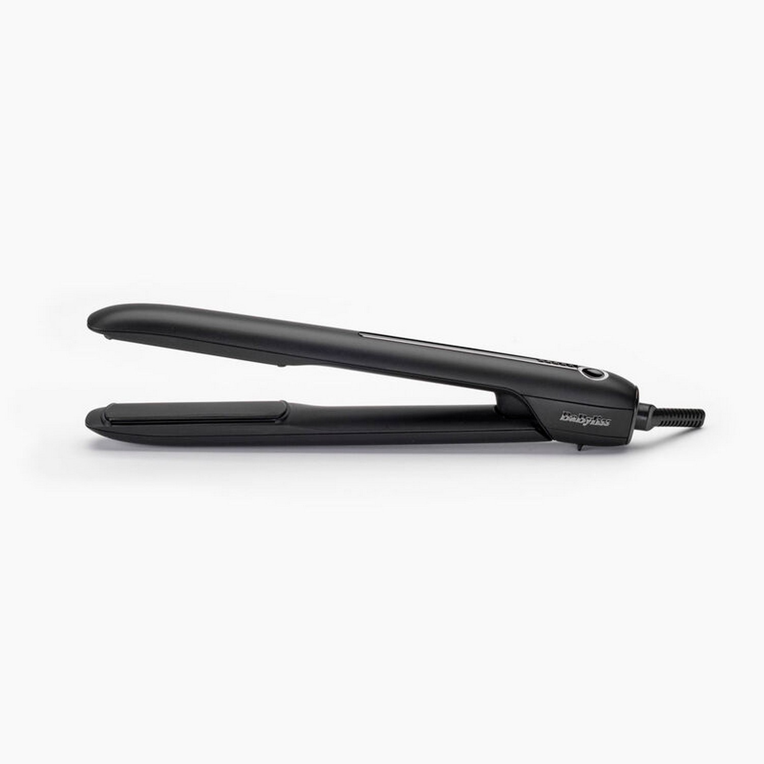 Black hair straightener on a white background, open and ready to use.