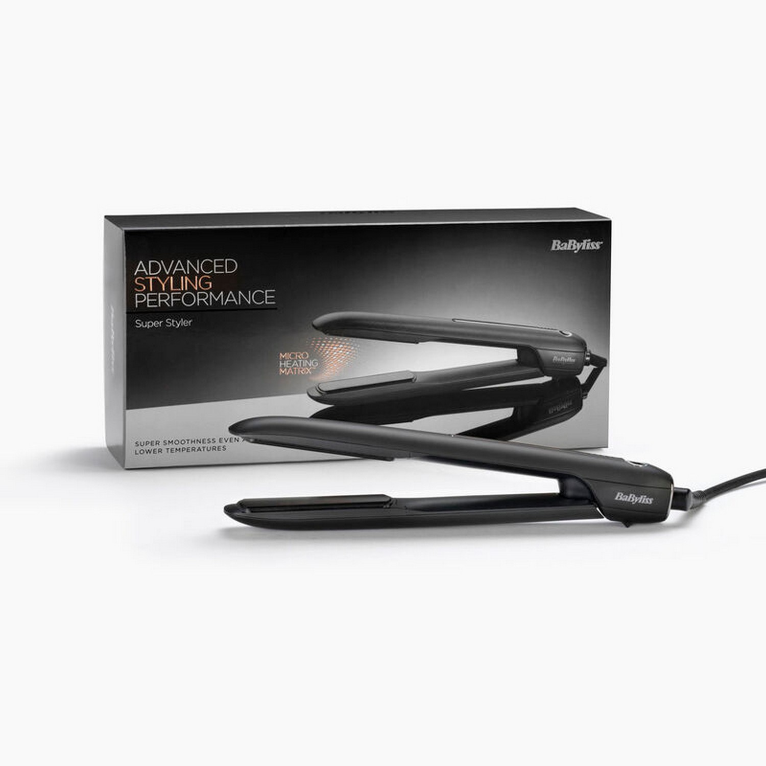 Black Babyliss hair straightener and product box against a white background. Advanced styling.