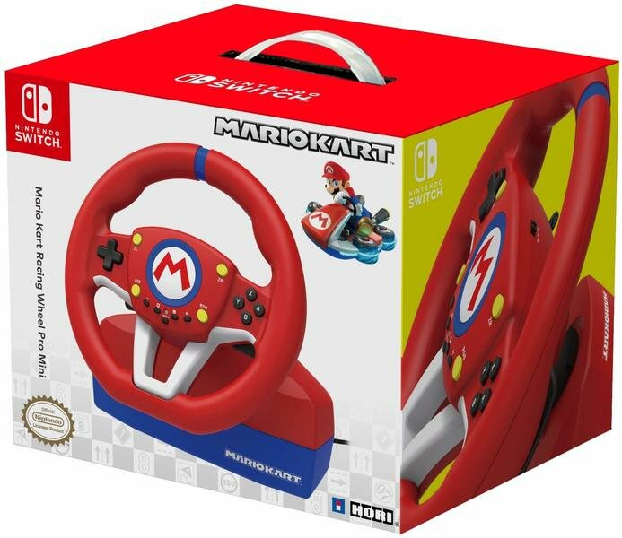 Czerwono-niebieskie pudełko Mario Kart z kierownicą i figurką Mario.