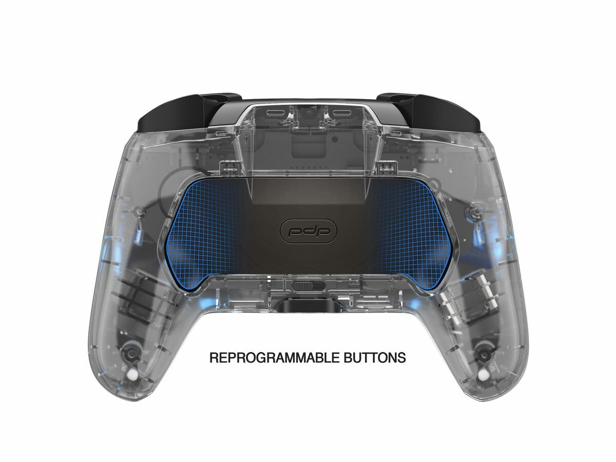 Przezroczysty kontroler z napisem REPROGRAMMABLE BUTTONS na białym tle.