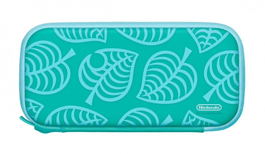Turkusowe etui na Nintendo Switch z jasnoniebieskimi obramowaniami i wzorami liści. Widoczne logo Nintendo.