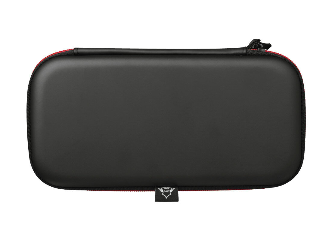 Czarne etui z czerwonym zamkiem błyskawicznym do konsoli przenośnej.