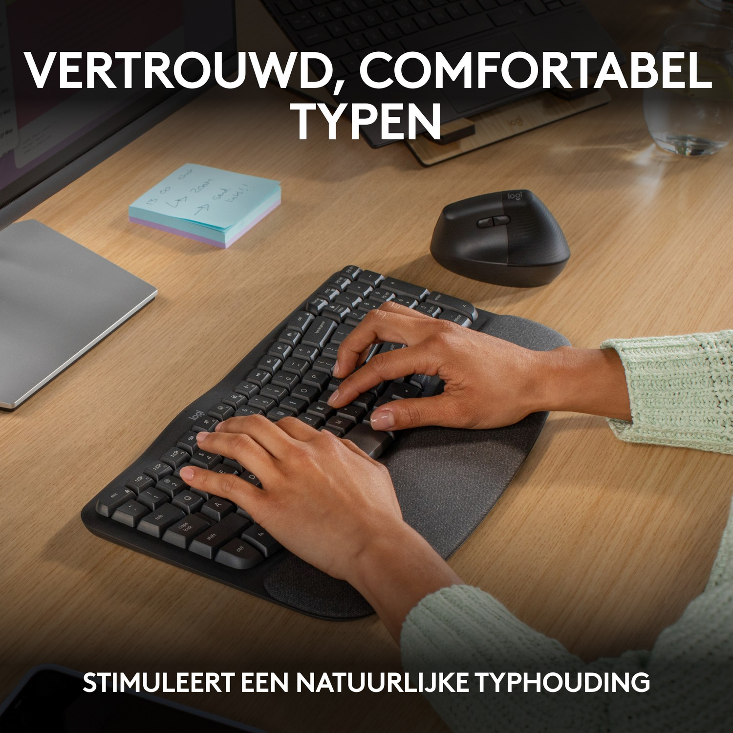 Logitech Wave-toetsen voor bedrijven, draadloos ergonomisch toetsenbord met gewatteerde palmsteun - grafiet, QWERTY Spaanse lay-out