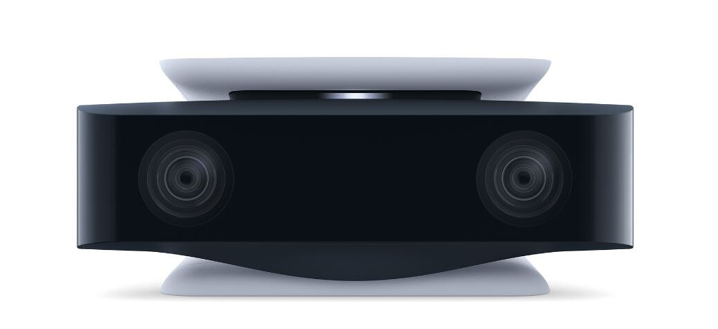 Czarno-biała kamera PlayStation z dwoma obiektywami, zamontowana na białej podstawie. Tło jest białe.