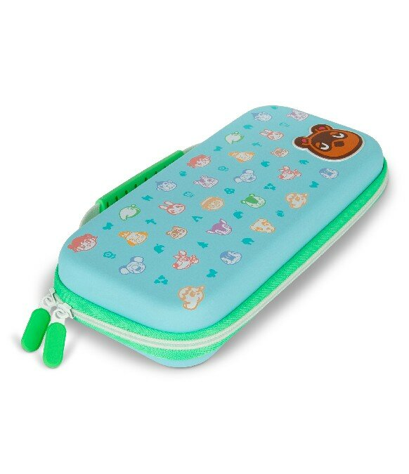 Etui Animal Crossing Switch, jasnoniebieskie, z ikonami postaci i zamkiem błyskawicznym.