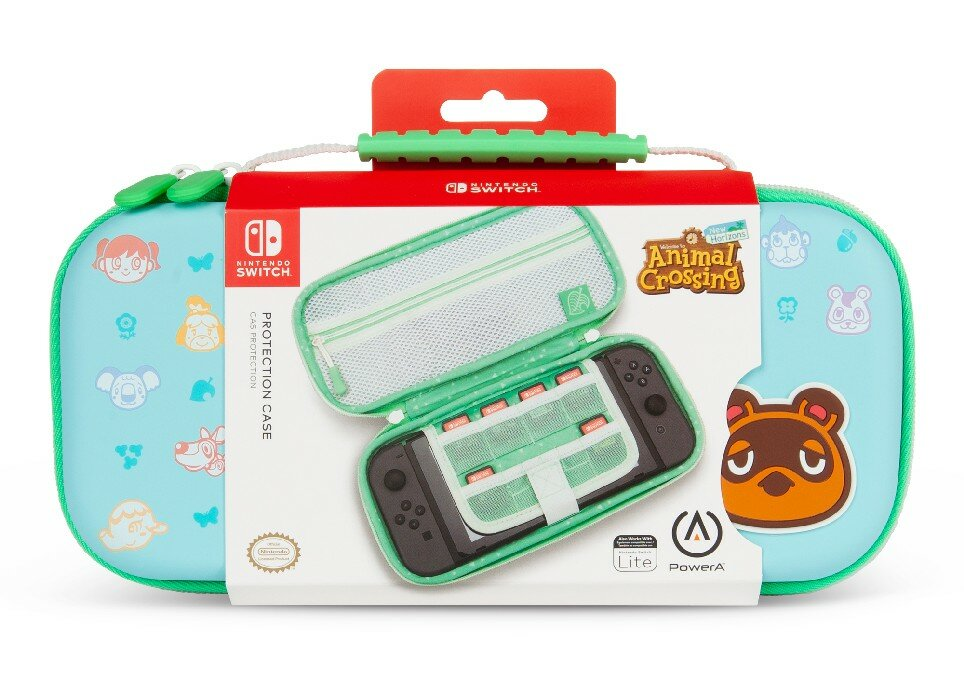 Etui do przenoszenia Nintendo Switch dla Animal Crossing, z konsolą i kartridżami do gier w środku.