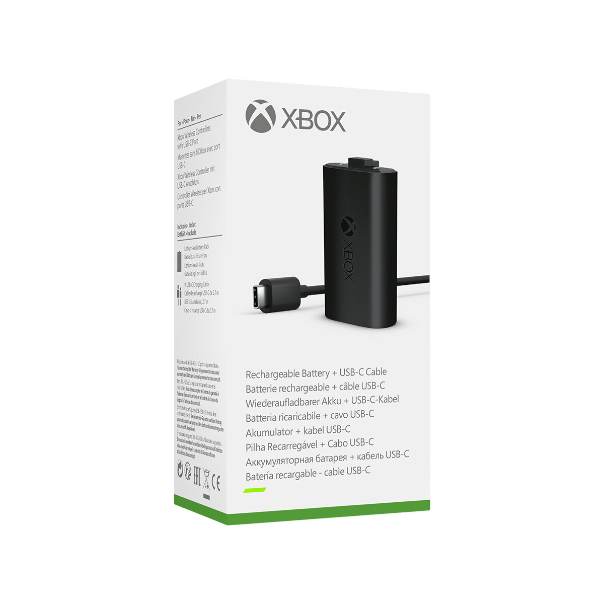 Biały akumulator Xbox z kablem USB-C w pudełku. Pudełko jest białe z czarnym tekstem.