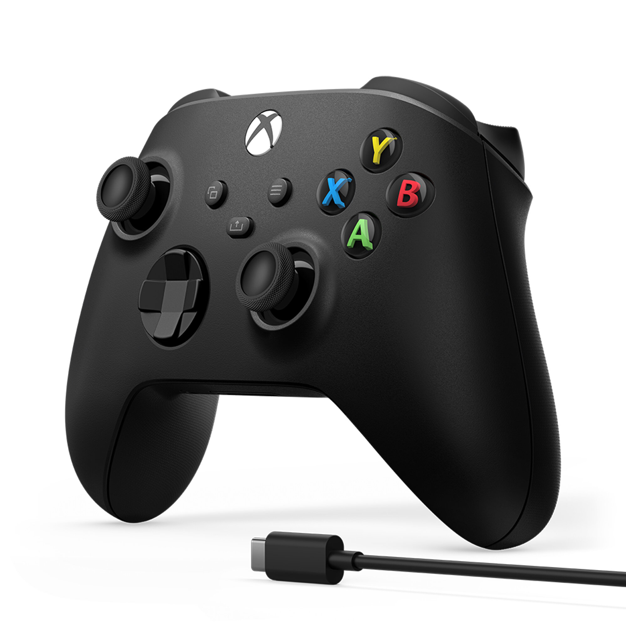 Czarny kontroler Xbox z kolorowymi przyciskami. Podłączony do kabla USB.