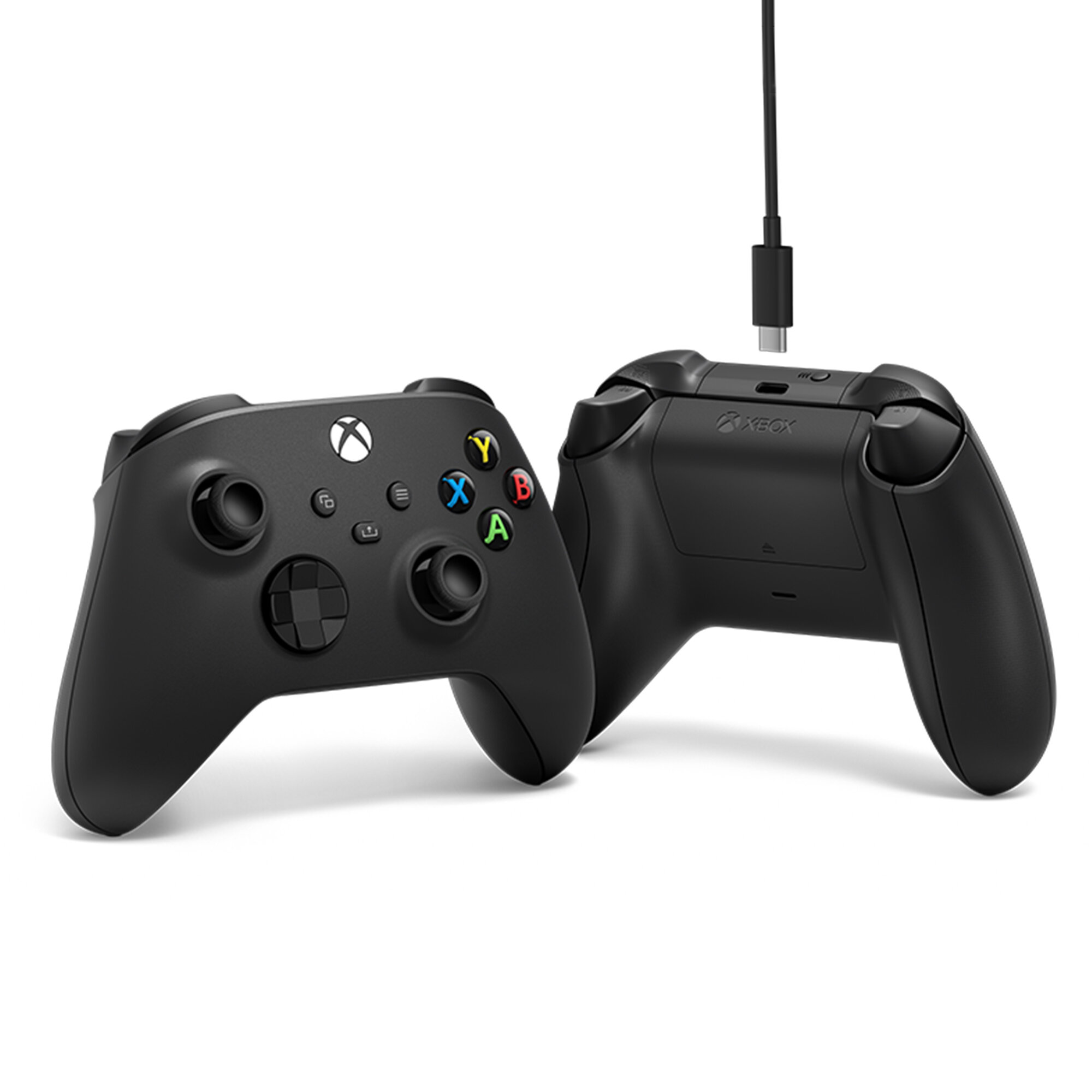 Dwa czarne kontrolery do gier, jeden podłączony kablem USB-C.