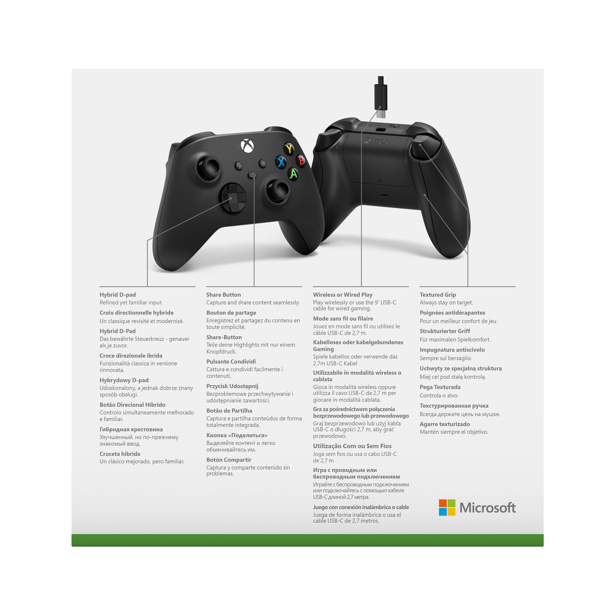 Kontroler Xbox z etykietami przycisków i funkcji oraz schematem w różnych językach.