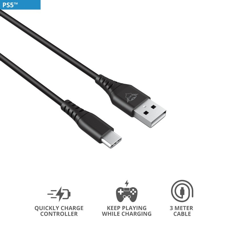 Czarny kabel USB-C do USB do kontrolera PlayStation 5. Tekst: 'Quickly Charge Controller'.
