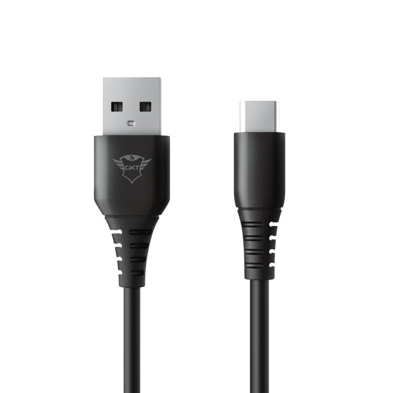 Czarny kabel USB-C ze złączami USB i USB-C, logo marki Trust.