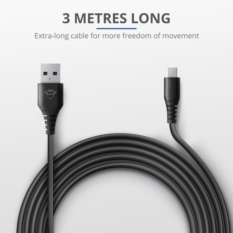 Czarny i szary kabel USB ze złączem USB i USB-C. Tekst: '3 METRY DŁUGOŚCI'.