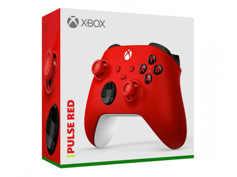 Kontroler Xbox w czerwonym pudełku. Kontroler jest czerwony, z białą podstawą i czarnymi przyciskami.