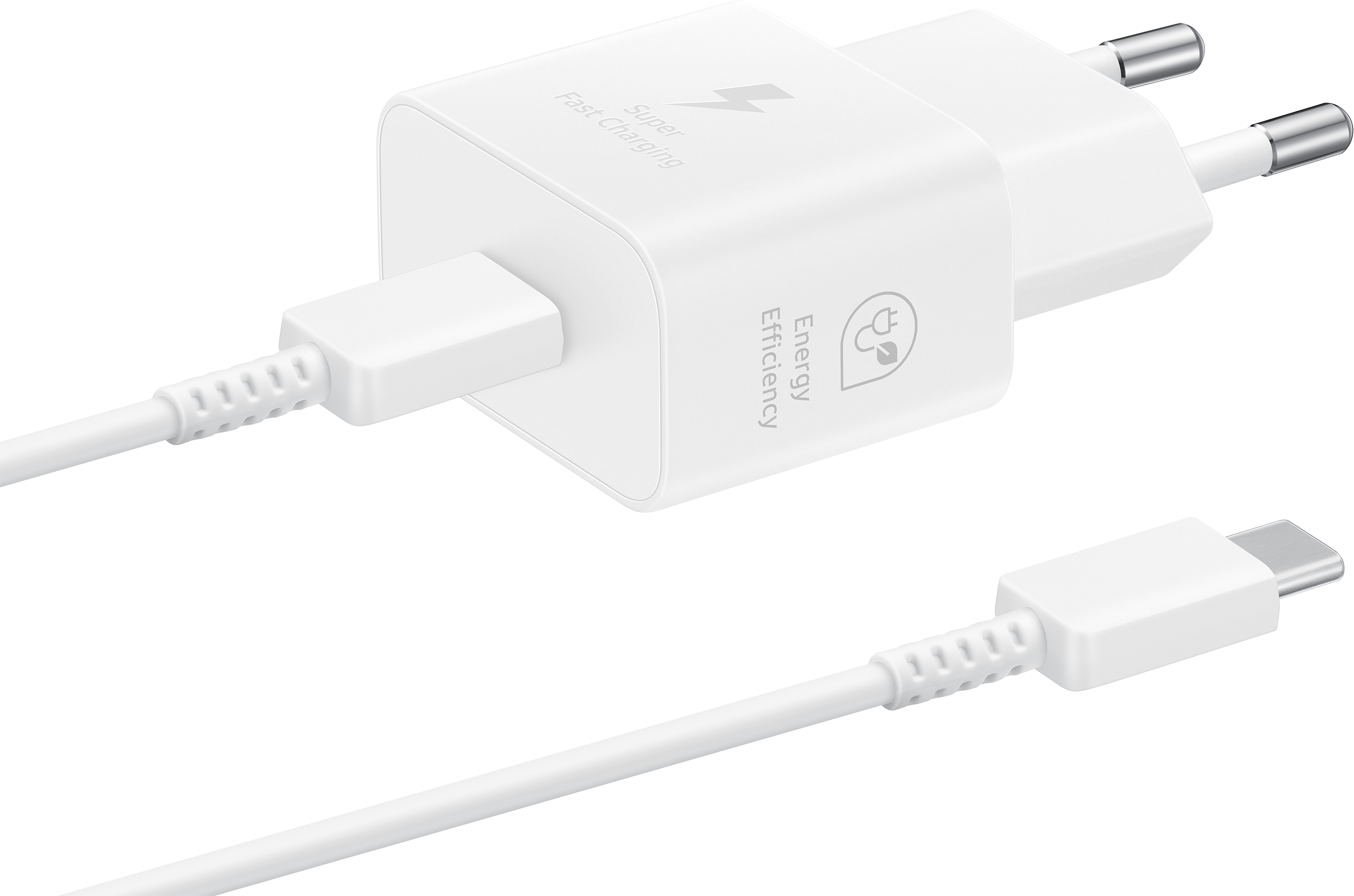 Weißer Samsung Super Fast Charging Adapter und Ladekabel mit USB-C-Anschluss auf schwarzem Hintergrund.