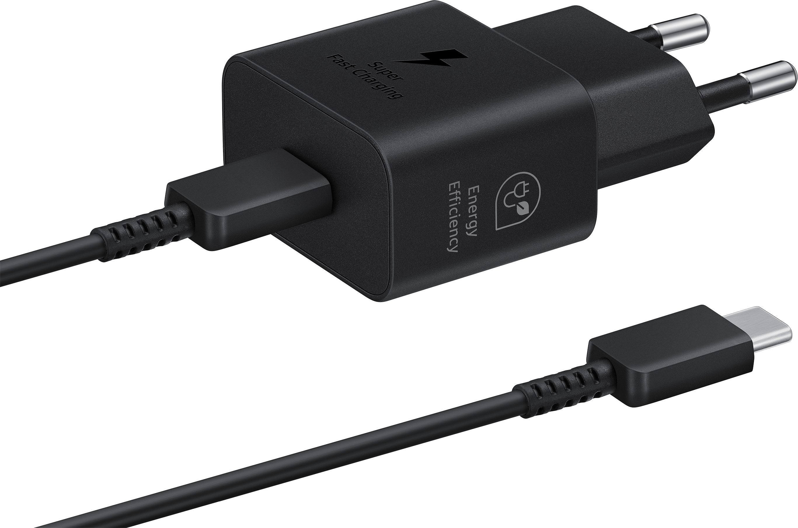 Schwarzes Ladegerät mit einem USB-C-Kabel.