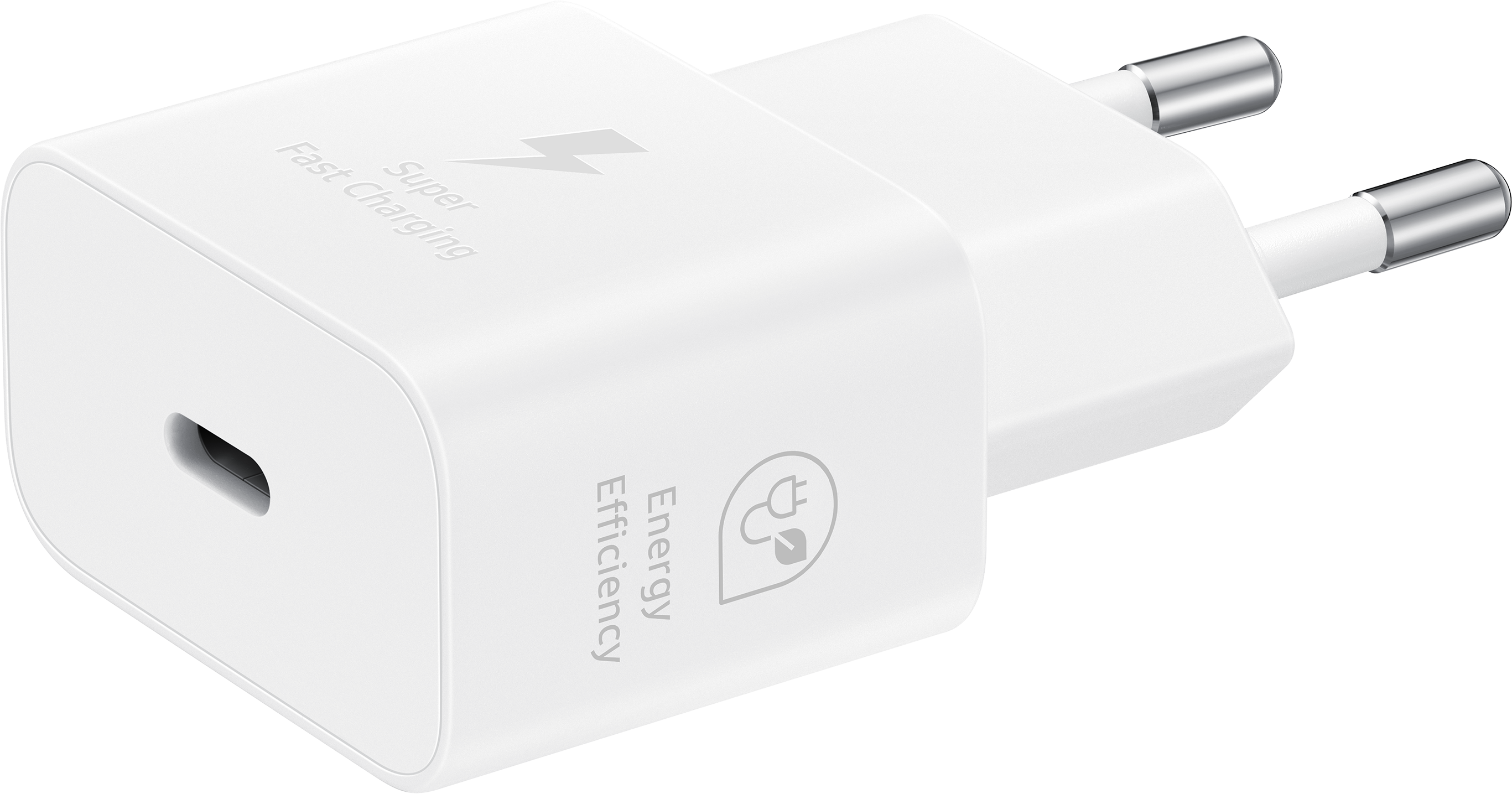 Ein weißer Samsung Schnellladeadapter mit einem Typ-C-Anschluss. Es hat einen Blitz und ein Energiesymbol.