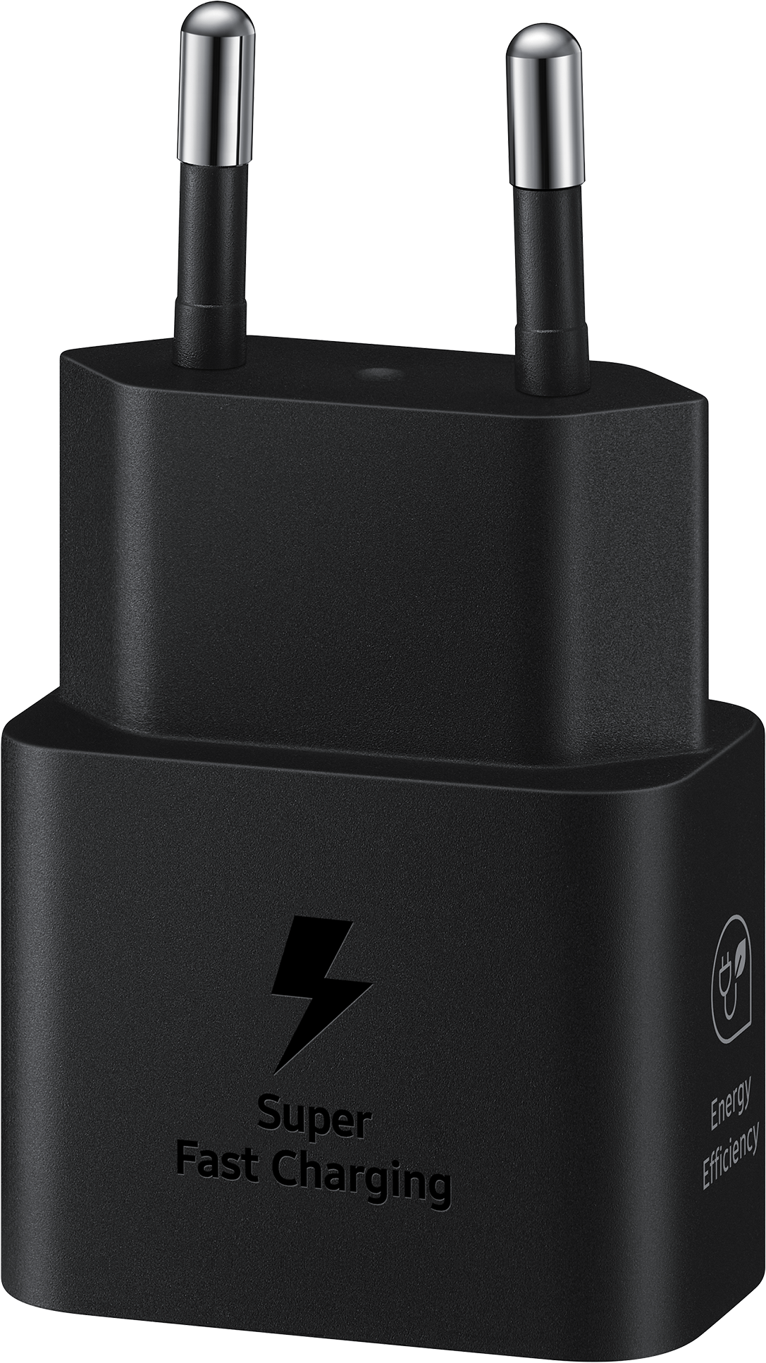 Schwarzes Telefonladegerät mit zwei Stiften und Text: Super Fast Charging, Energieeffizienz.