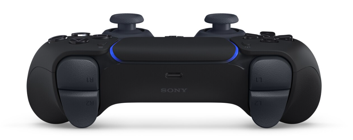 Czarny kontroler z niebieskim paskiem świetlnym, logo Sony i portem USB-C.