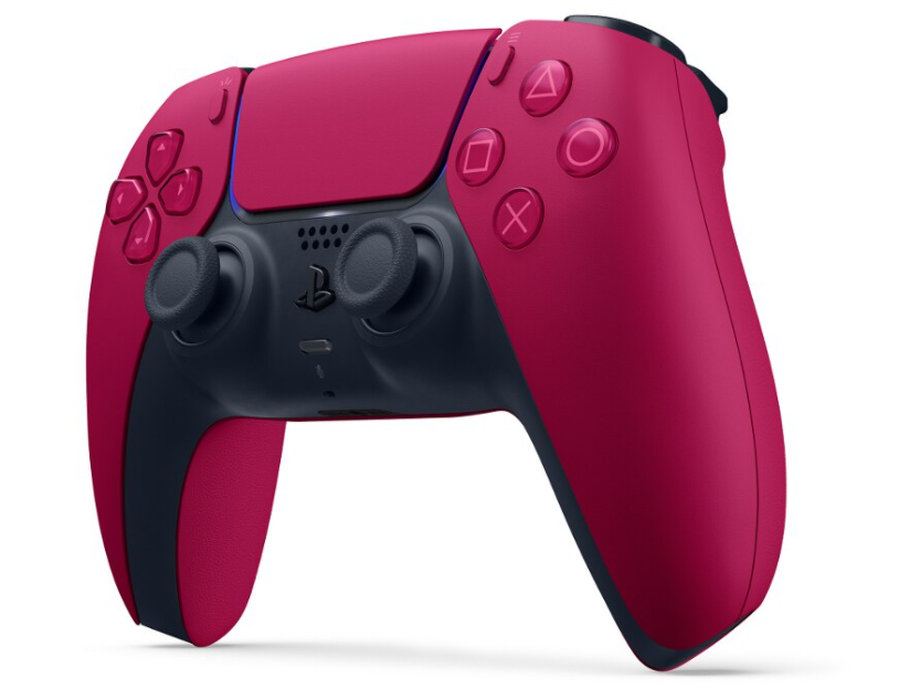 Czerwono-czarny kontroler PlayStation 5. Ma przyciski i joysticki. Tło jest białe.