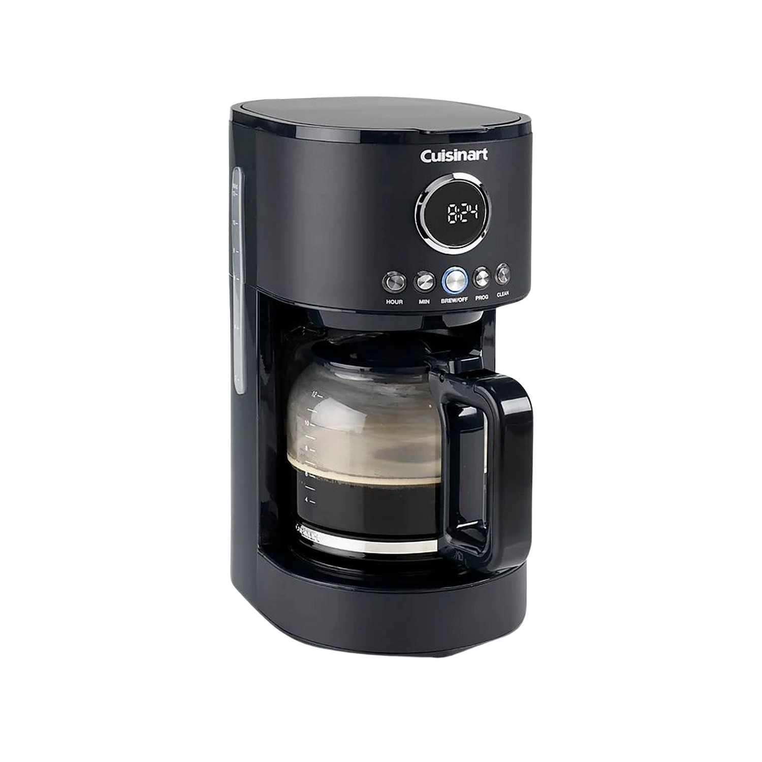 Cafetière Cuisinart noire avec une carafe en verre. L'heure est affichée à l'avant.