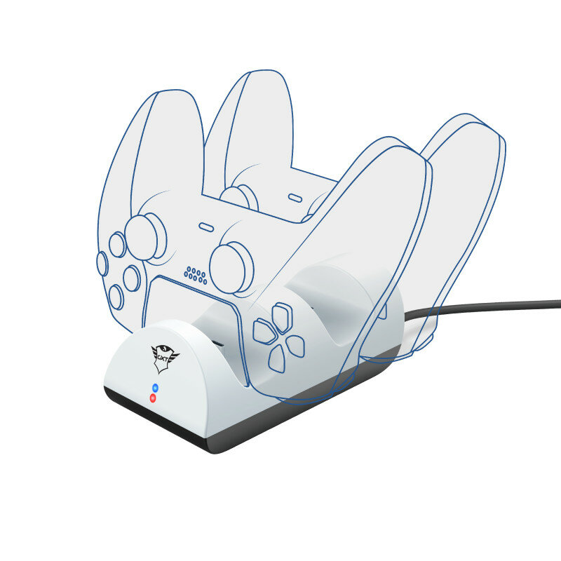 Biała stacja ładująca z niebieskim obrysem kontrolera.
