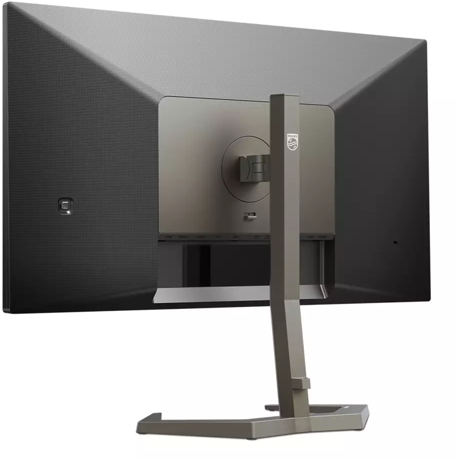 Rückseite des Philips Monitors. Schwarz mit zentralem Ständer und kleinem Quadrat links.