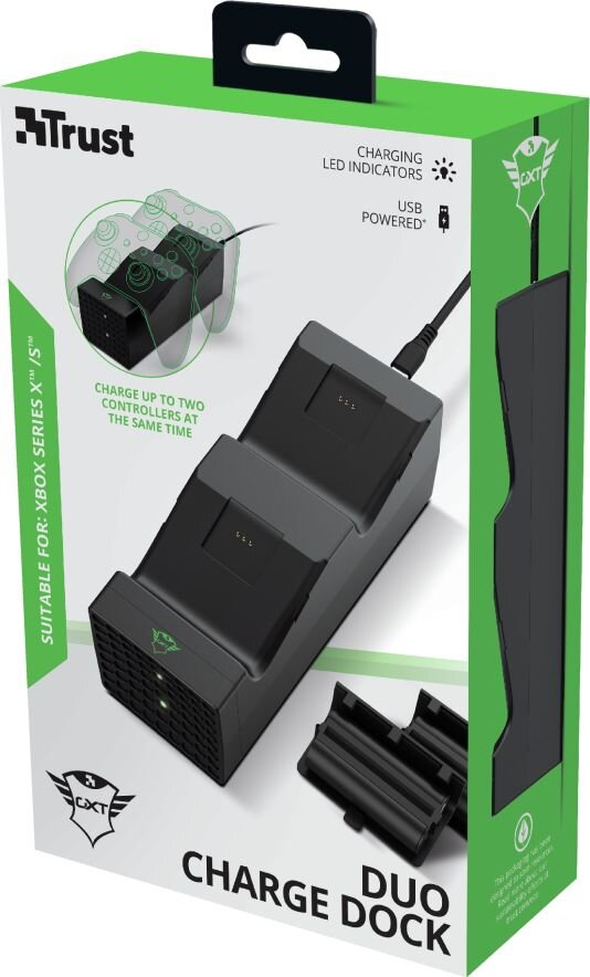 Czarna i zielona stacja ładująca Trust do kontrolerów Xbox Series X/S, w pudełku.