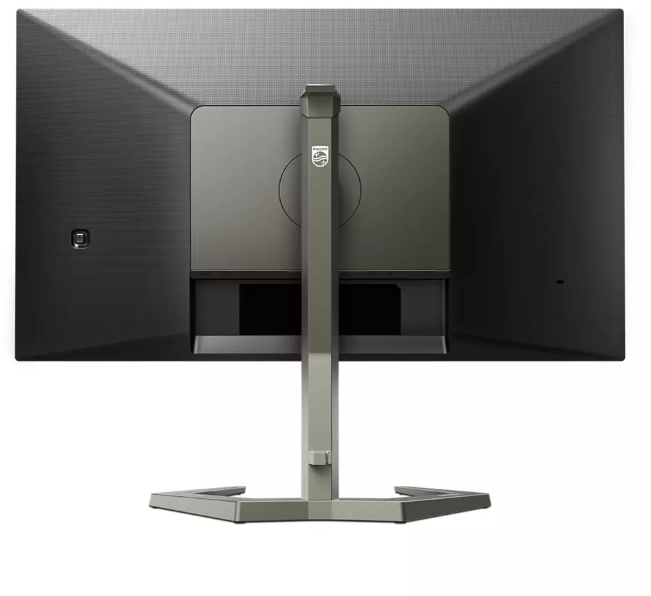 Rückansicht eines grauen Philips-Monitors. Der Ständer ist dunkelgrau und hat einen rechteckigen Fuß.
