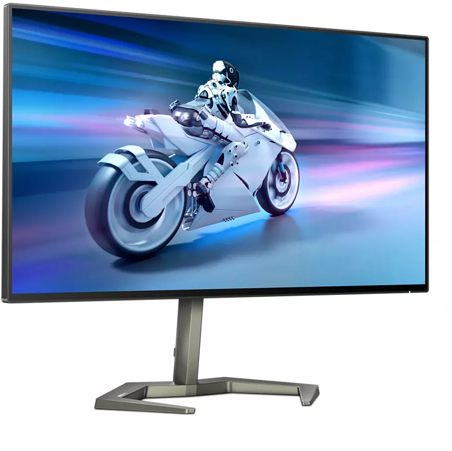 Ein Computermonitor zeigt ein weißes Motorradrennen auf einer blauen Strecke.