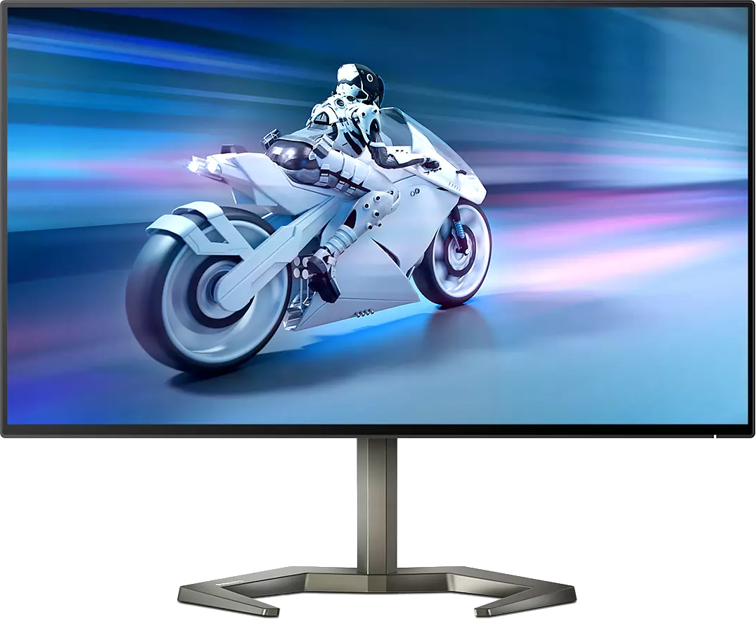 Ein Computermonitor, der eine futuristische Motorradrennenszene zeigt.