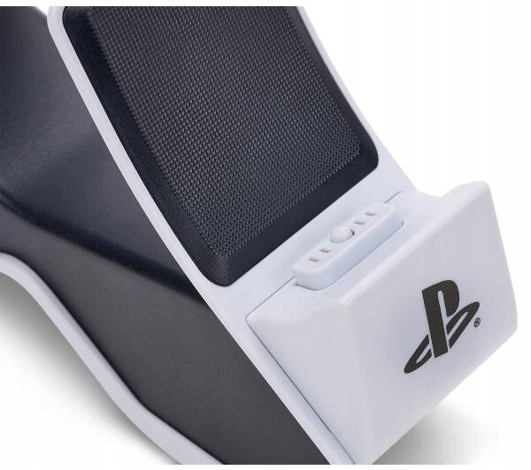 Biała podstawka ładująca kontrolera Playstation 5 z logo Playstation.