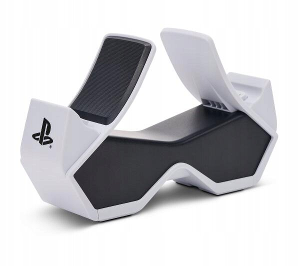 Biało-czarna stacja ładująca PlayStation VR. Z logo PlayStation z przodu.