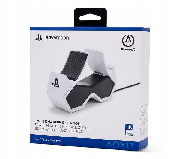 Biało-czarne pudełko stacji ładowania podwójnego Playstation.