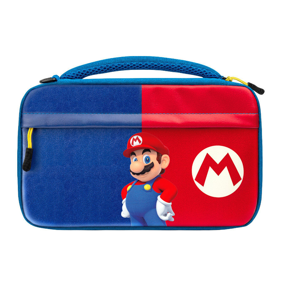 Niebiesko-czerwone etui na Nintendo Switch z Mario. Etui ma niebieski uchwyt i zamek błyskawiczny z logo Mario.