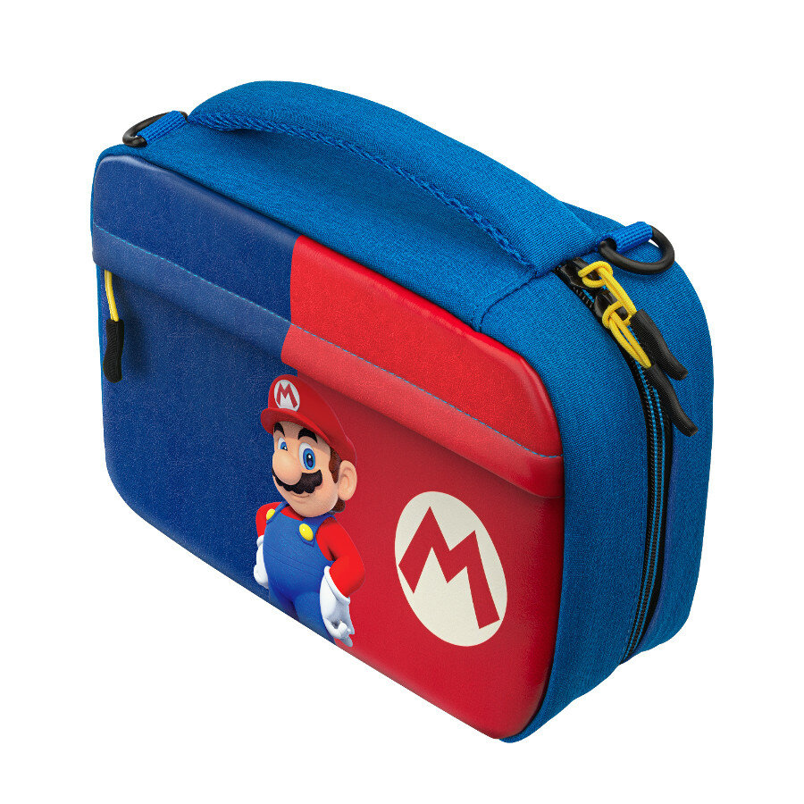 Niebiesko-czerwone etui z motywem Mario. Mario jest na czerwonej części. Etui ma niebieski uchwyt i żółty zamek błyskawiczny.
