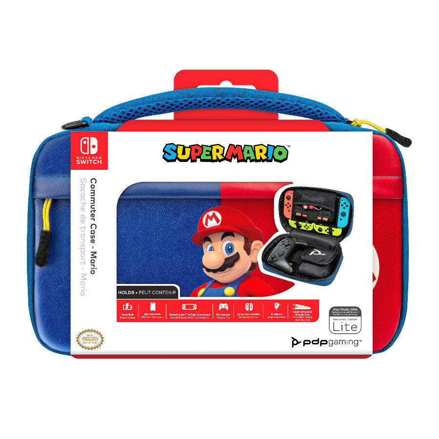 Etui podróżne Nintendo Switch z marką Super Mario. Jest niebiesko-czerwone z twarzą Mario. Etui jest otwarte, pokazując Switch i akcesoria.