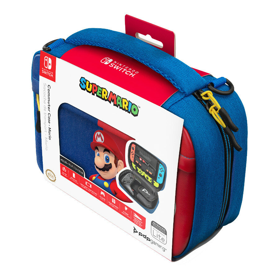 Etui podróżne Nintendo Switch z grafiką Super Mario. Etui jest niebiesko-czerwone z uchwytem i zamkiem błyskawicznym. Pudełko przedstawia Mario.