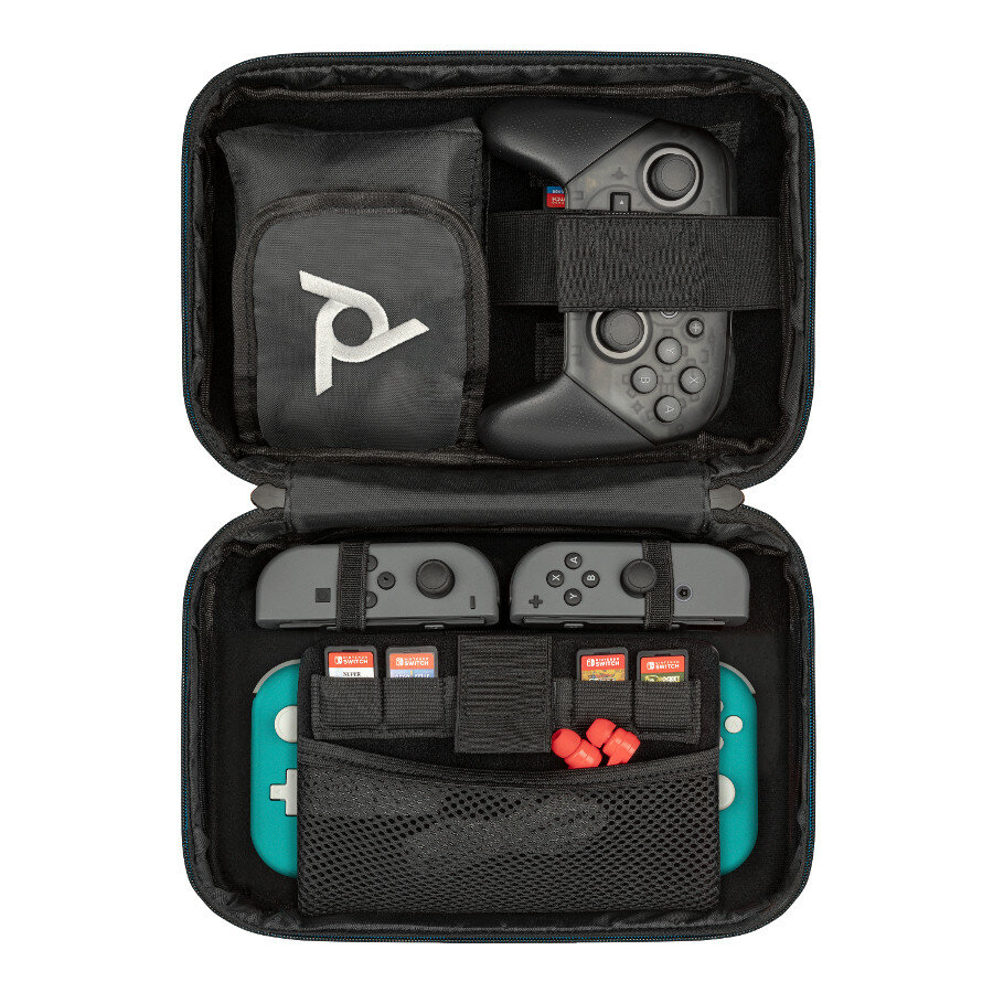 Otwarta czarna walizka z Nintendo Switch, kontrolerami, kartami do gier i akcesoriami. Walizka jest otwarta, pokazując uporządkowane przegródki.