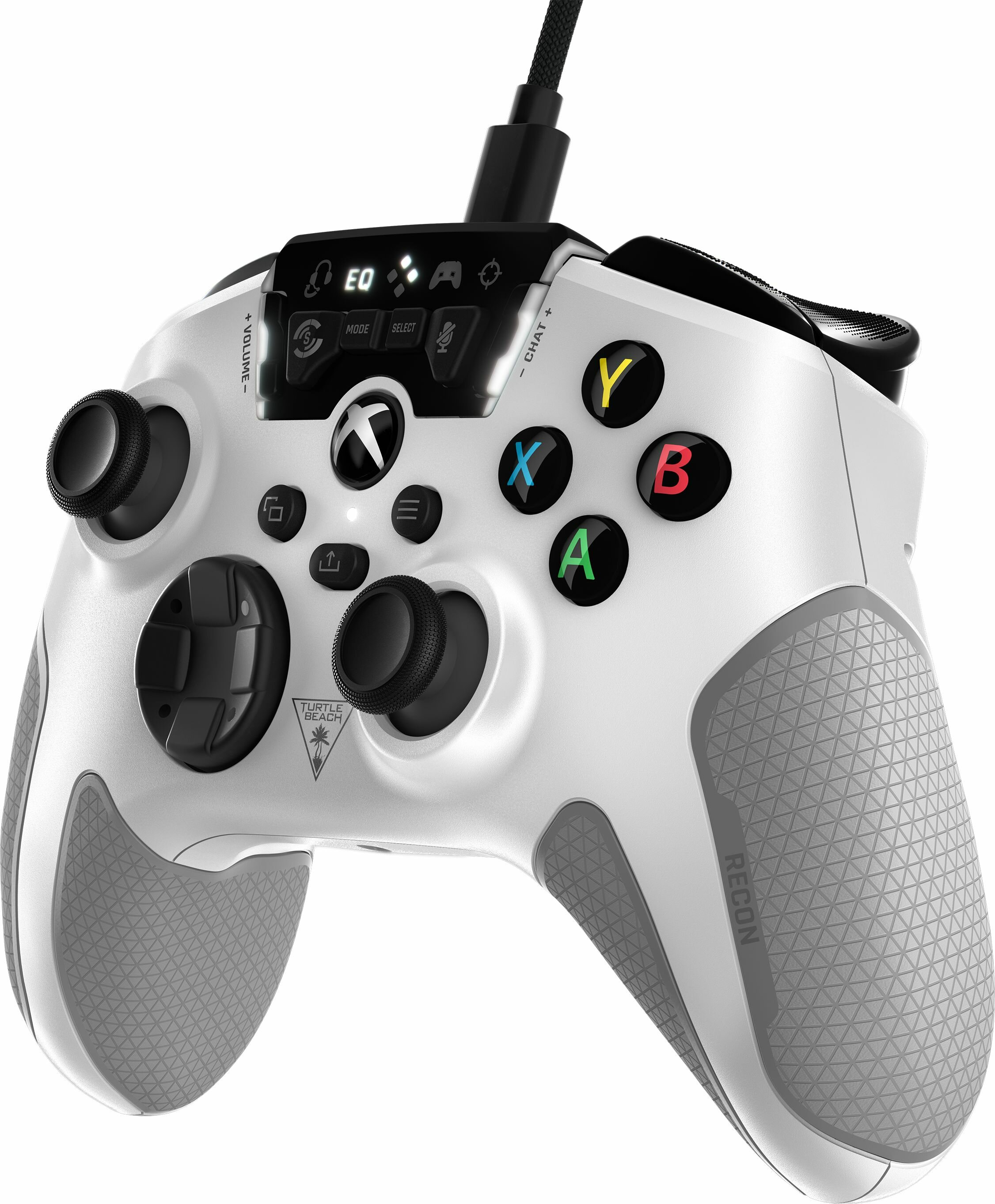 Biało-szary kontroler Xbox z wieloma przyciskami i portem słuchawkowym.