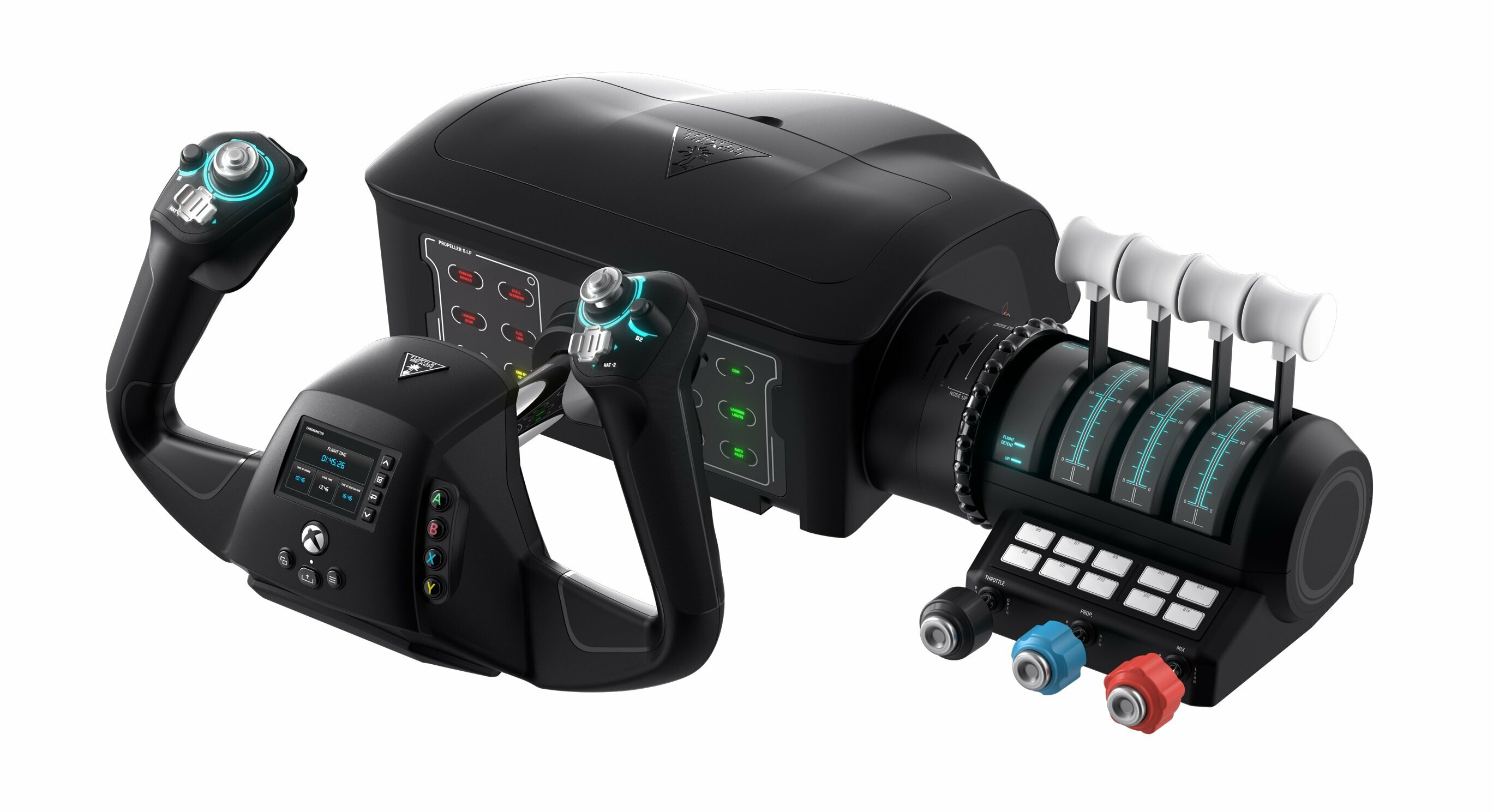 Elementy sterowania symulatorem lotu, w tym wolant, przepustnice oraz różne przyciski i przełączniki.