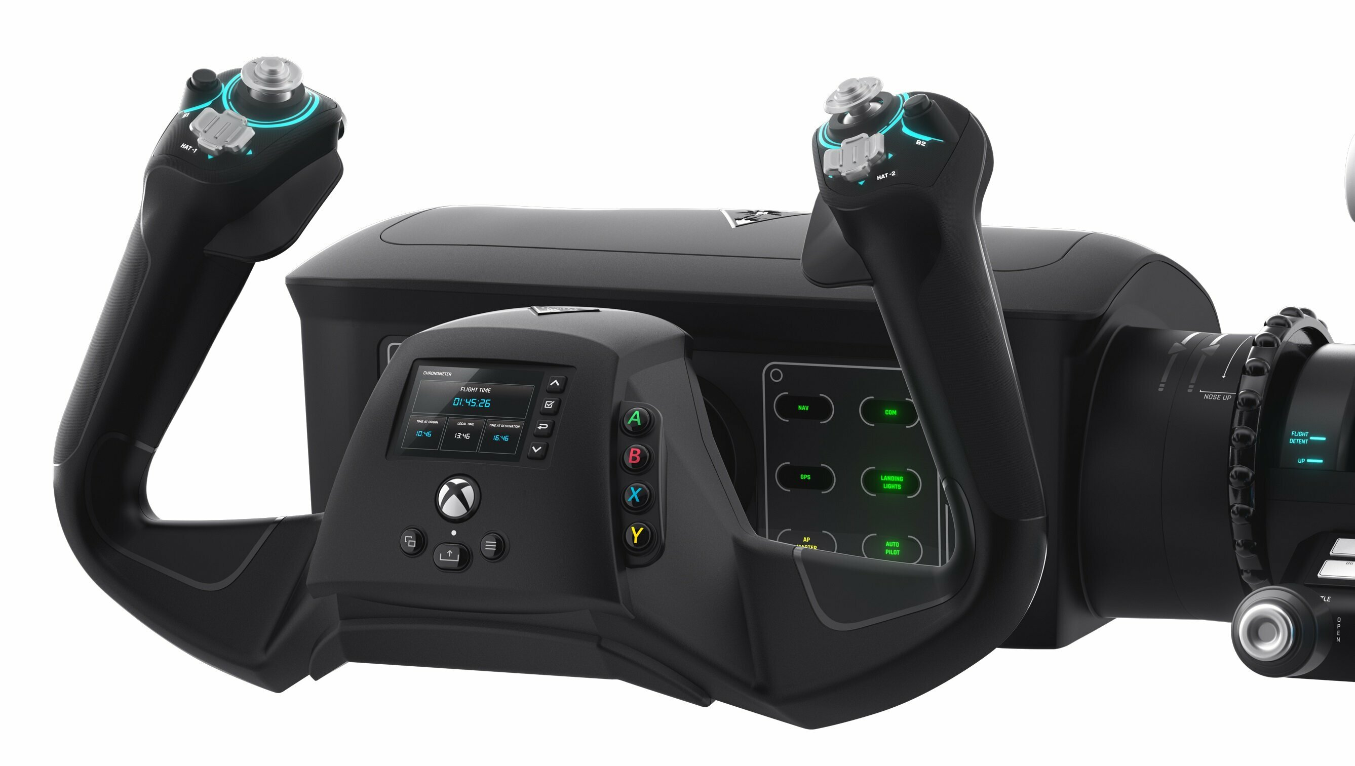 Czarne elementy sterowania symulatorem lotu z wieloma ekranami i joystickami na białym tle.